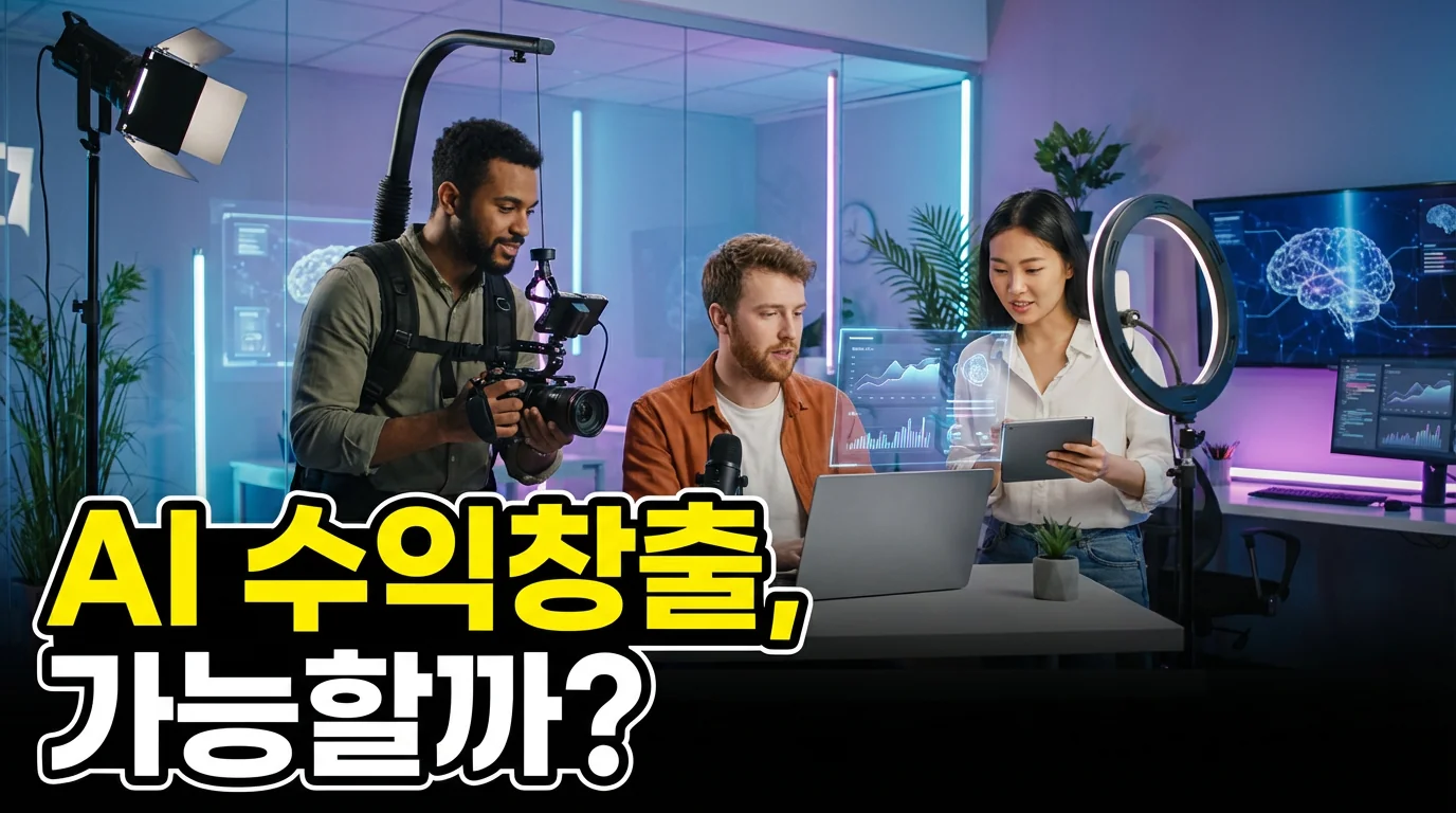 여러 크리에이터가 모니터를 바라보며 컨텐츠 회의를 하고 있다